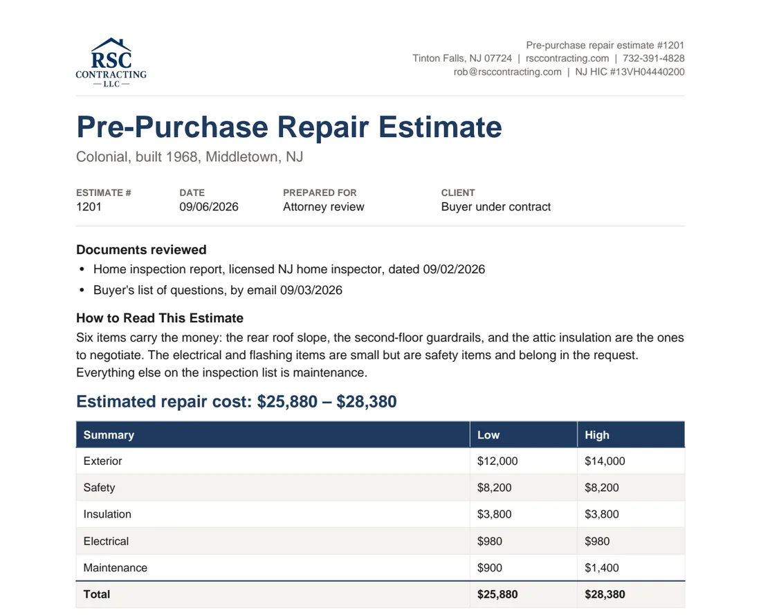 Page one of a sample RSC Contracting LLC pre-purchase repair estimate: letterhead, the property, documents reviewed, and a summary table totalling $25,880 to $28,380